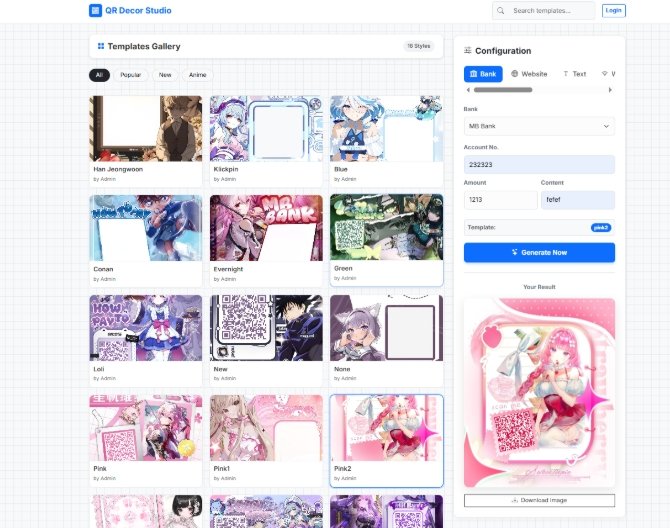 CODE WEB TẠO MÃ QR ANIME SIÊU ĐẸP CÓ SẴN PHÔI ẢNH CÓ THỂ THÊM